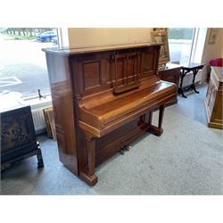 Bluthner of Leipzig - Early 20th century overstrung upright piano, serial number 79496 (1910), in a mahogany case with three front case panels and folding music desk, with 85 keys (seven octaves) underdamper action, original hammers, stringing, tuning pins, dampers and felts, with sostenuto and sustain pedals. Julius Bluthner was considered to be one of the the best makers of German upright pianos in the early 20th century both for tone quality and build. 

This item has been registered for sale under Section 10 of the APHA Ivory Act.