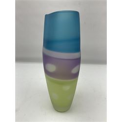 Stuart Akroyd glass vase, matte blue, green and purple bands, with bubble inclusions H28.3cm