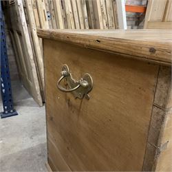 Victorian pine mule chest, rectangular moulded hinged lid, fitted with single drawer, brass carrying handles to each side, on turned feet - THIS LOT IS TO BE COLLECTED BY APPOINTMENT FROM THE OLD BUFFER DEPOT, MELBOURNE PLACE, SOWERBY, THIRSK, YO7 1QY