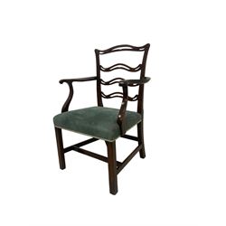 Set of twelve (10+2) Chippendale revival stained beech dining chairs, pierced waived ladder backs with over-stuffed over seats, on square moulded supports joined by stretchers