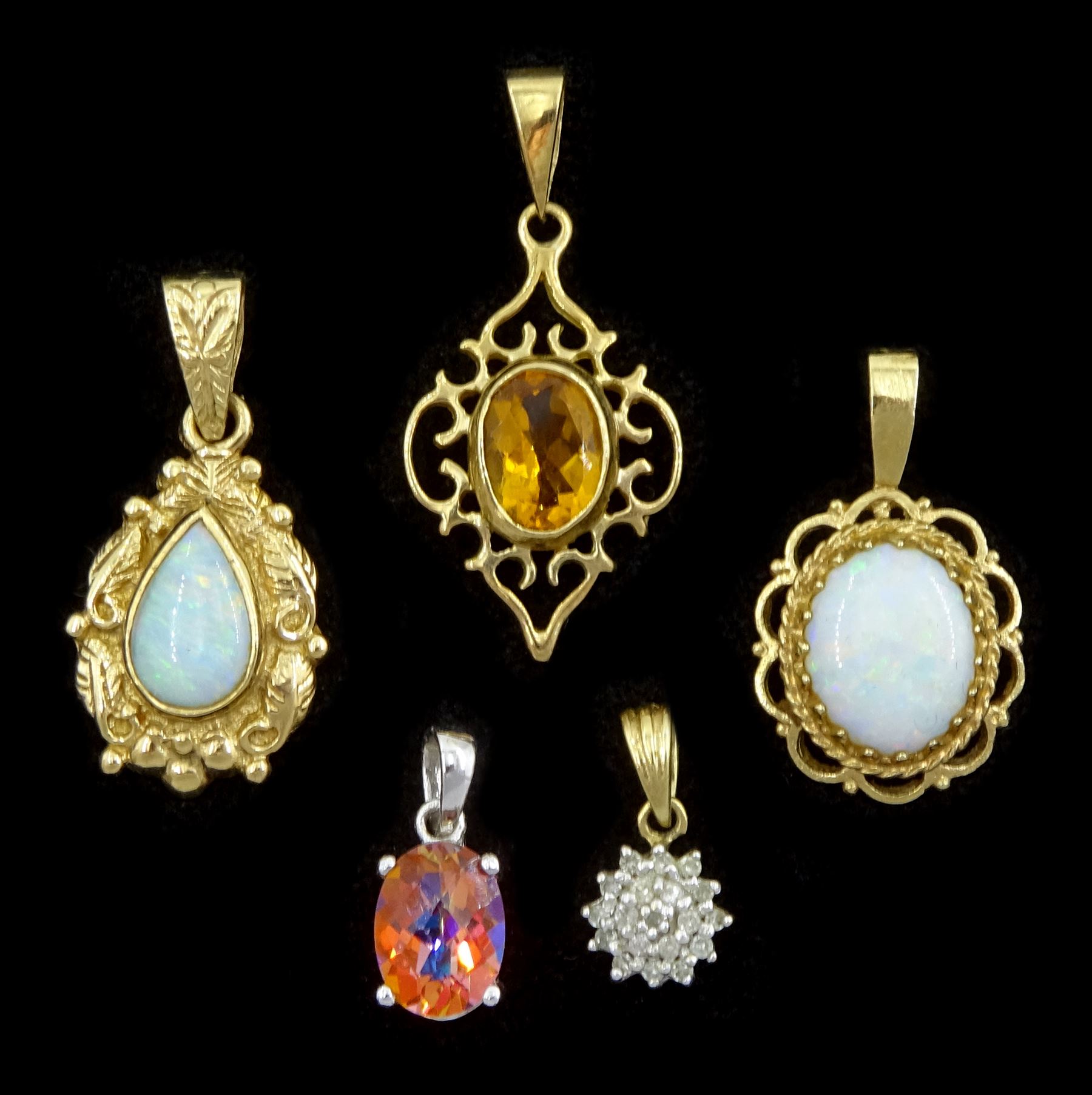 Four 9ct gold pendants including opal, citrine and diamond cluster and a 14ct white gold orange mystic topaz pendant