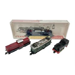 Fleischmann ‘N’ gauge ‘Piccolo’ - Black tank engine no.7000, brown diesel shunter no.7230, boxed dark blue electric locomotive with pantograph no,7335 and dark green class 132 locomotive with pantograph no.7369 (4) 