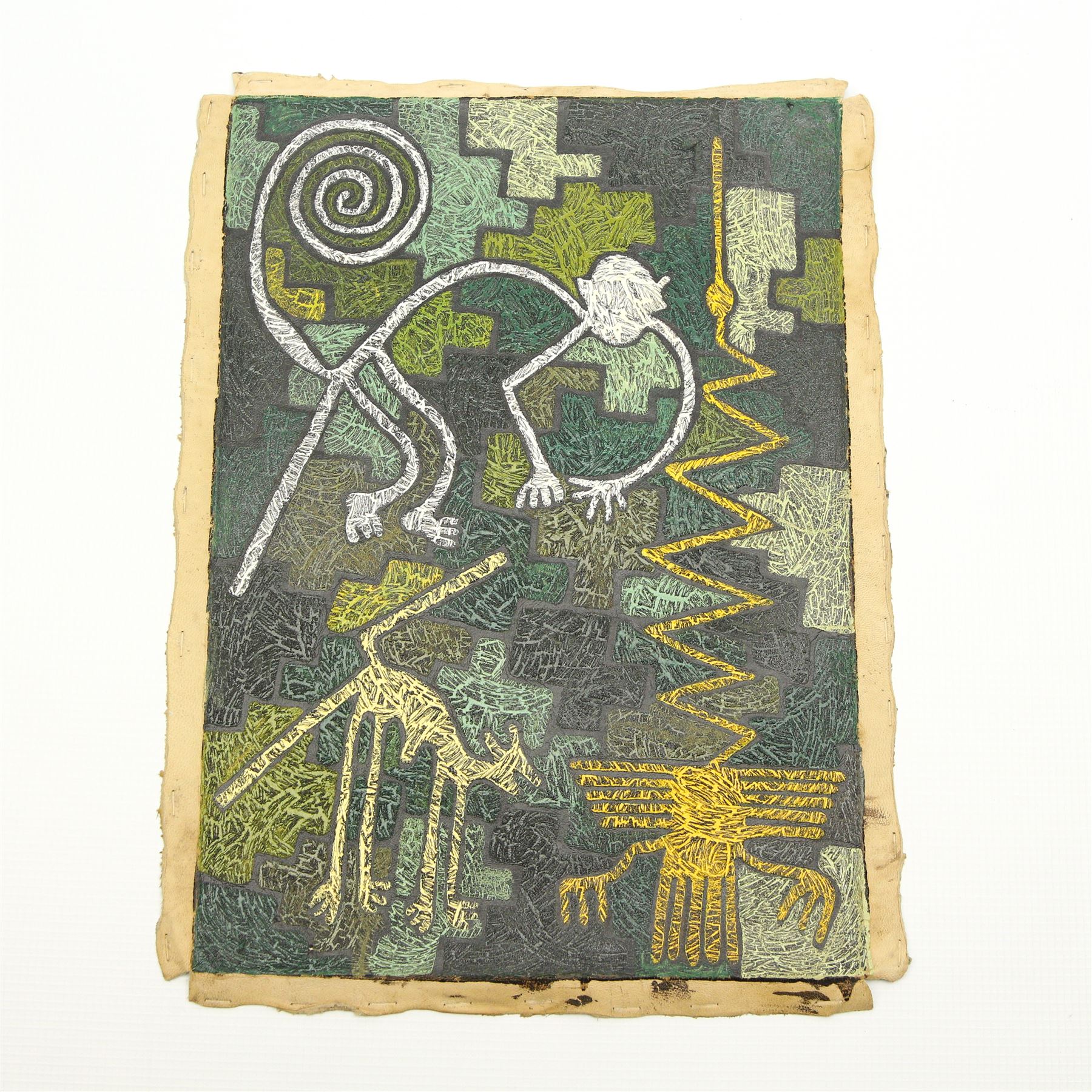 Peruvian School (20th Century): 'Lineas Nazca', mixed media on pigs skin, titled verso 35cm x 24cm (unframed)