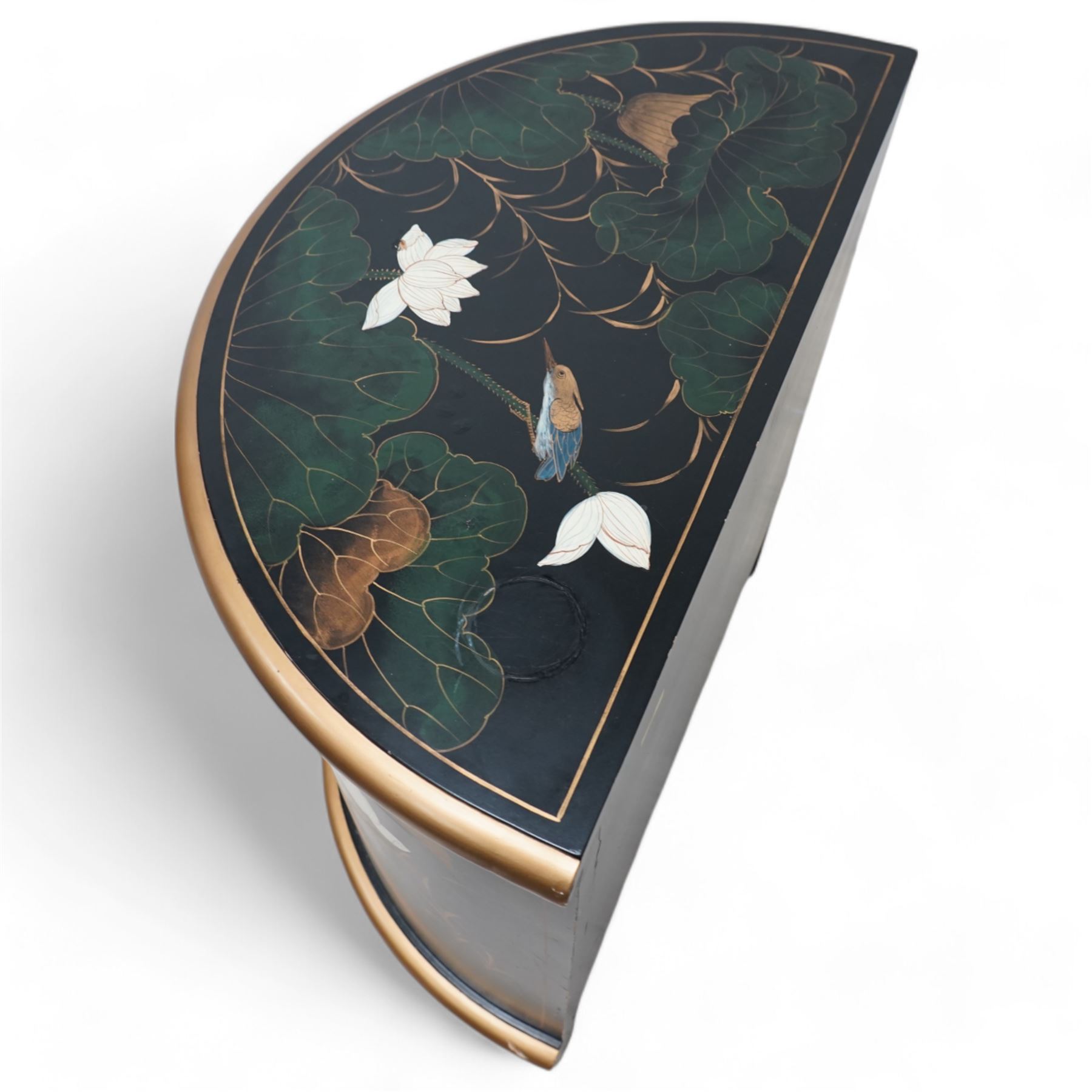 Chinoiserie design demi-lune cabinet, moulded top over two panelled doors, decorated with floral decoration and birds 