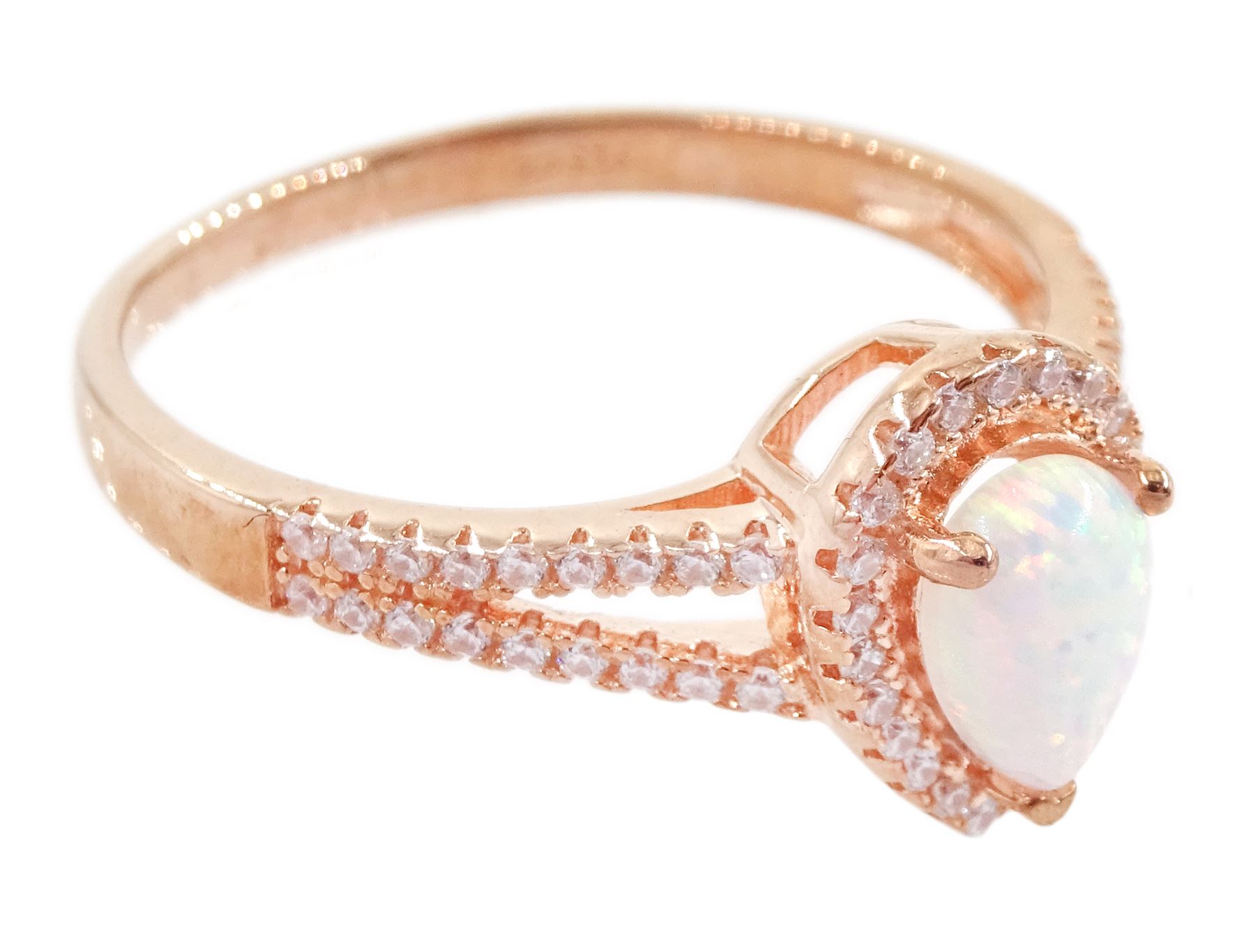 Rose gold on silver pear cut opal and cubic zirconia  cluster ring, stamped 925