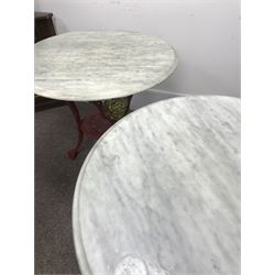 Pair cast iron Britannia pub tables, two red, small marble tops 