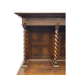 Jacobean Revival oak dresser, projecting moulded cornice over arcade carved frieze and panelled back, on spiral turned supports, moulded rectangular top over two cupboards and two drawers, on spiral turned supports united by moulded stretchers 