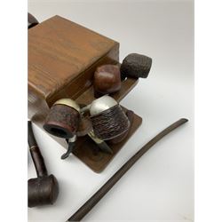 Vintage pipes and smoking related items including 'Falcon' and 'Dr Grabow' pipes, small wooden pipe rack/box and other related items