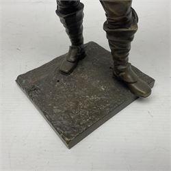 Bronzed figure of a cavalier upon a square base, H33cm 