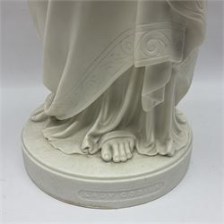 19th century Copeland Parian Ware figure, after R Monti, modelled as Lady Godiva, upon a circular titled plinth, signed and dated verso R Monti 1870, impressed to base Copyright Reserved Copeland, overall H22cm