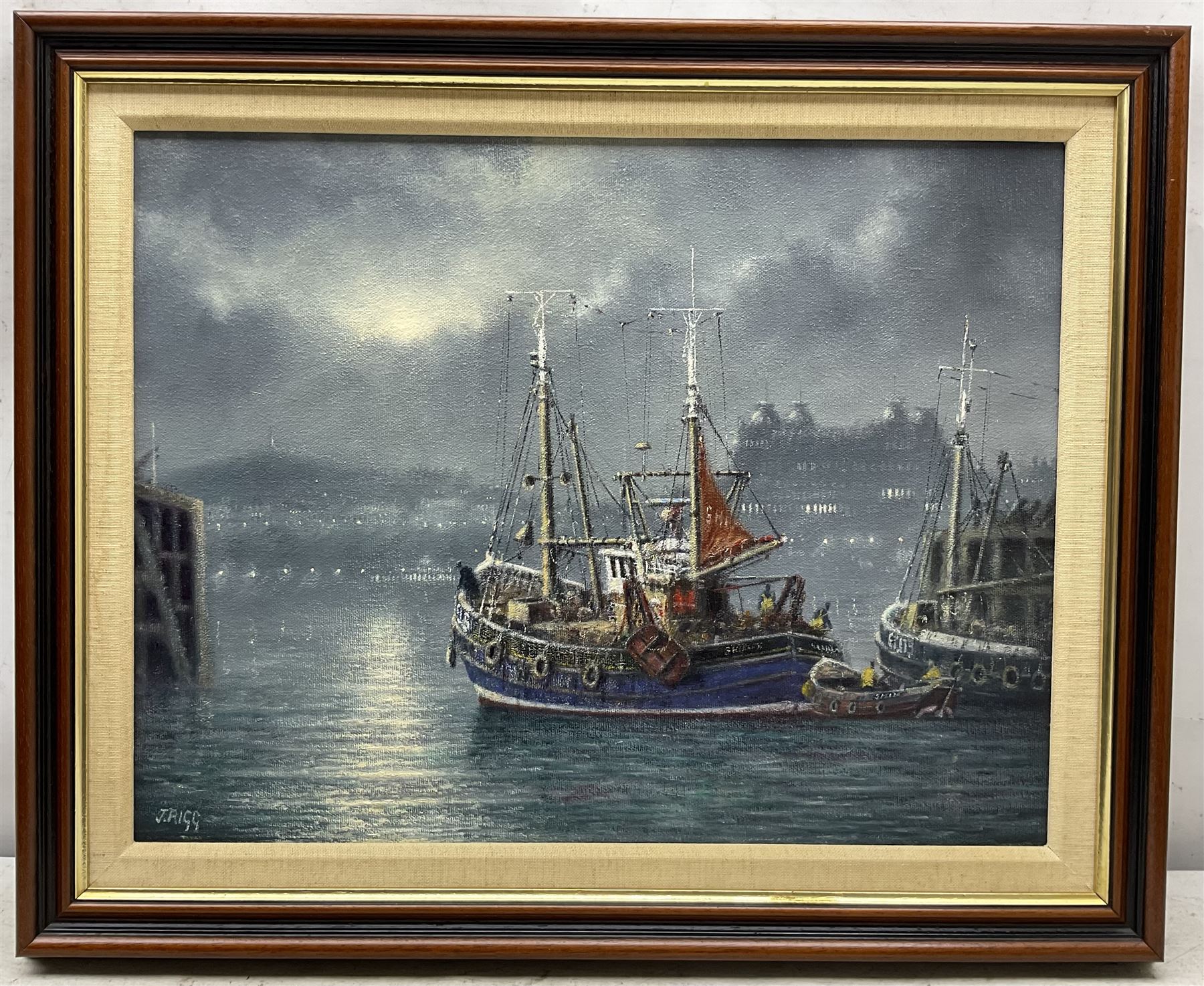 Jack Rigg (British 1927-2023): Trawlers in Scarborough Harbour by Moonlight, oil on canvas signed, dated 1996 verso 34cm x 44cm