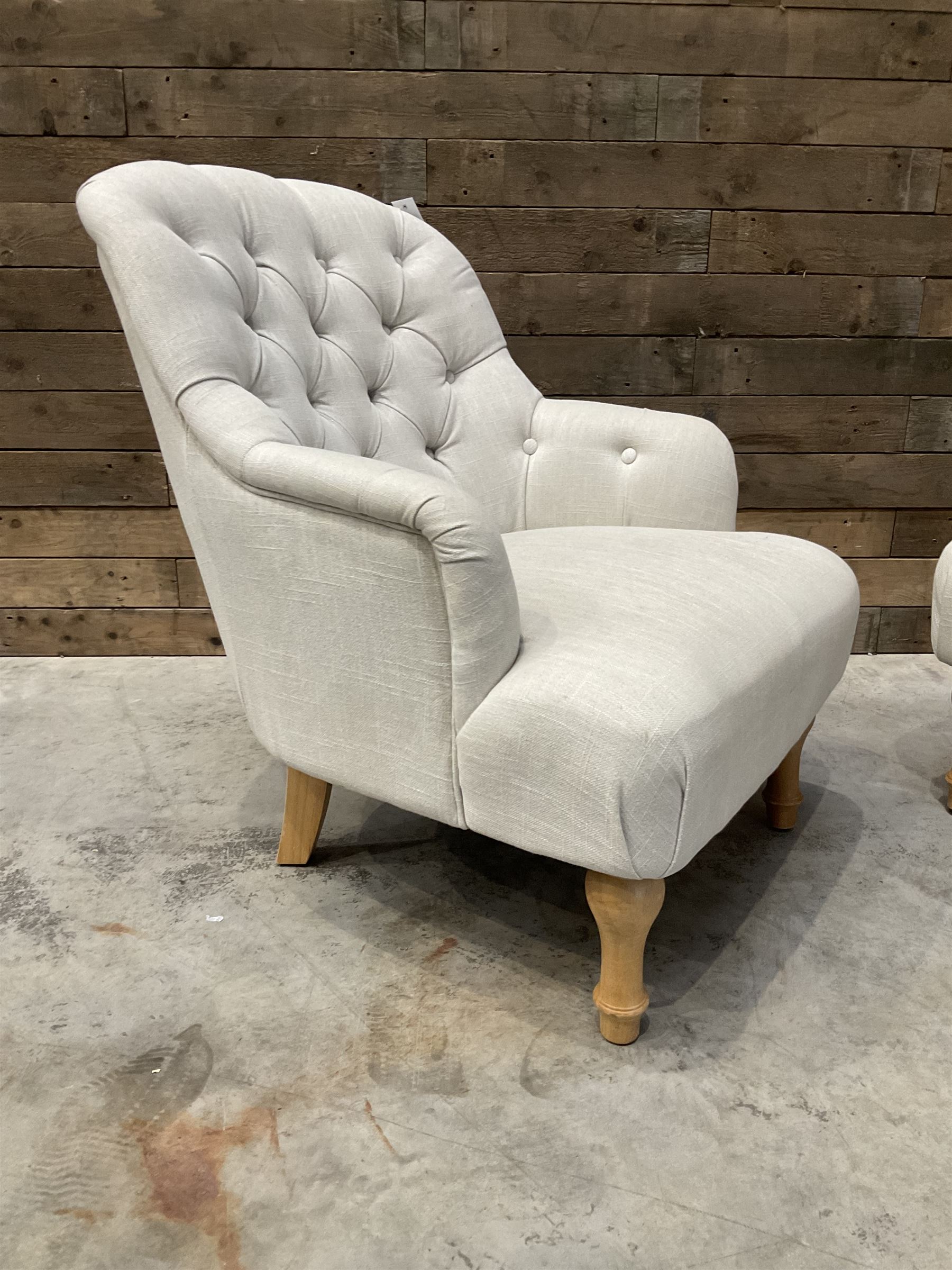 Pair of armchairs upholstered in button back linen fabric