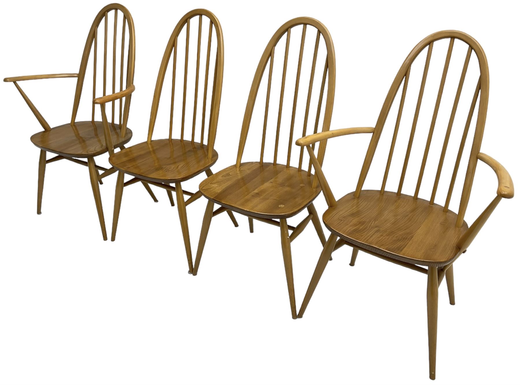 Ercol - light elm and beech set of ten (8+2) 'Quaker Windsor' dining chairs, high hoop and stick back over splayed supports united by H-stretcher, with foliate patterned crimson loose seat cushions