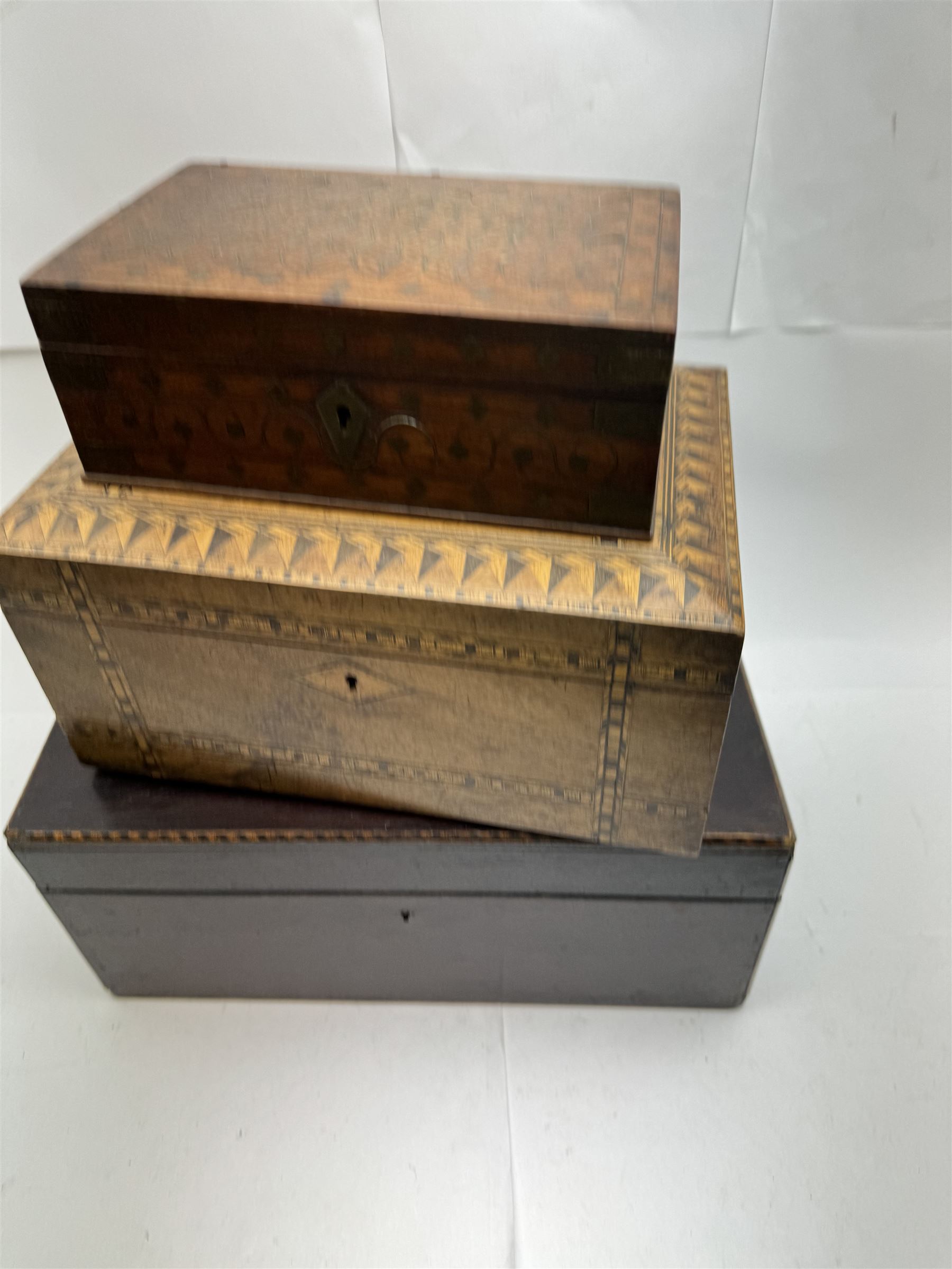 Three inlaid wooden boxes, together with an oak table top cabinet, tallest H42cm