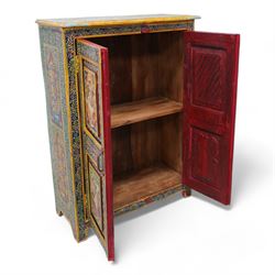 Indian painted hardwood storage cupboard, with painted floral decoration, enclosed by two panelled doors, the interior fitted with one shelf 