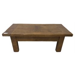 John Lewis - 'Bergerac' oak coffee table, rectangular plank top with single drawer to the longer side, on square supports 