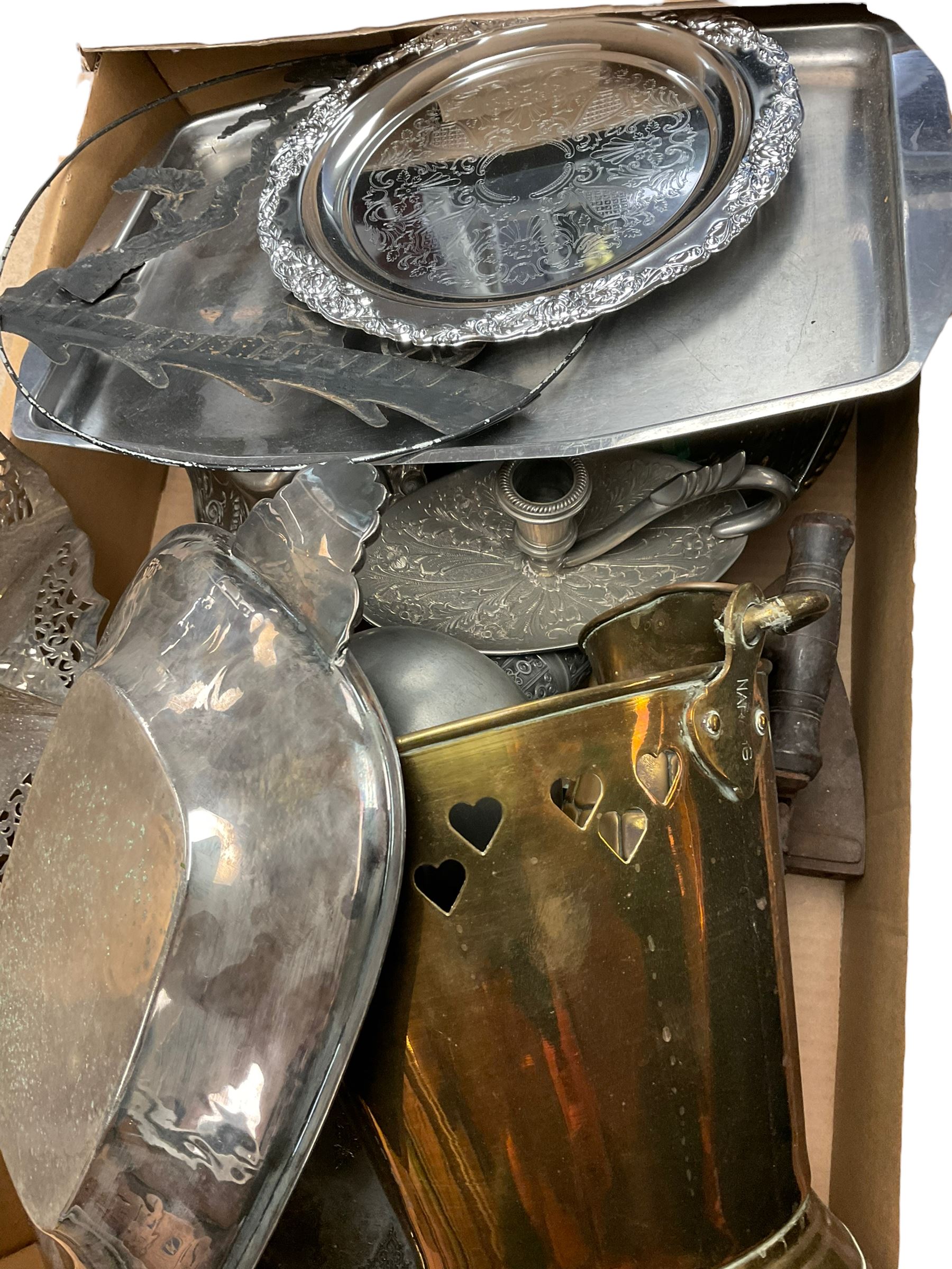 Collection of metalware including trays, copper jugs, candlestick etc, in three boxes 