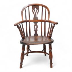 19th century yew wood and elm Child's Windsor armchair, double hoop and stick back with pierced splat, dished seat on turned supports united by crinoline stretcher, impressed maker's mark beneath 'V' 