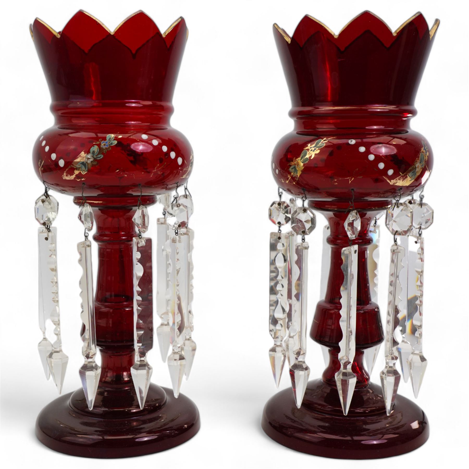 Pair of 20th century ruby glass table lustres, each with gilt and polychrome decoration, lacking one prism drop, H36cm