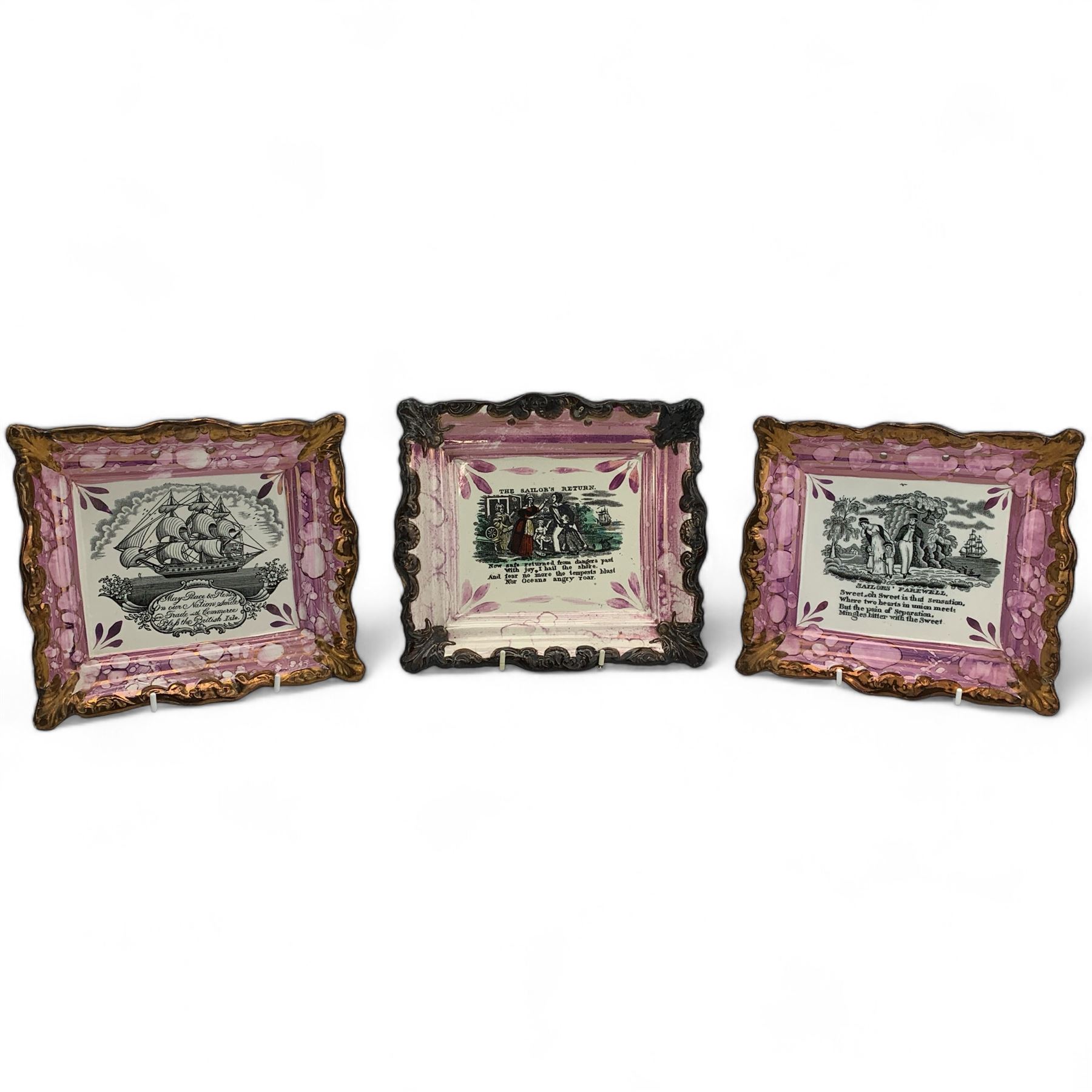 Three Victorian Sunderland lustre maritime wall plaques, each with transfer printed decoration comprising 'May Peace & Plenty on our Nation Smile and Trade with Commerce Bless the British Isle' by Dixon & Co., 'Sailors' Farewell' by Dixon & Co. and 'The Sailor's Return', L23.5cm max (3)