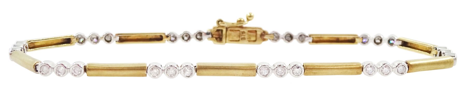 9ct gold round brilliant cut diamond bracelet, ten white gold links, each set with three diamonds, spaced by yellow gold bar links, hallmarked