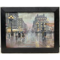 Steven Scholes (Northern British 1952-): 'Piccadilly Circus - London 1958', oil on canvas signed, titled verso 29cm x 39cm