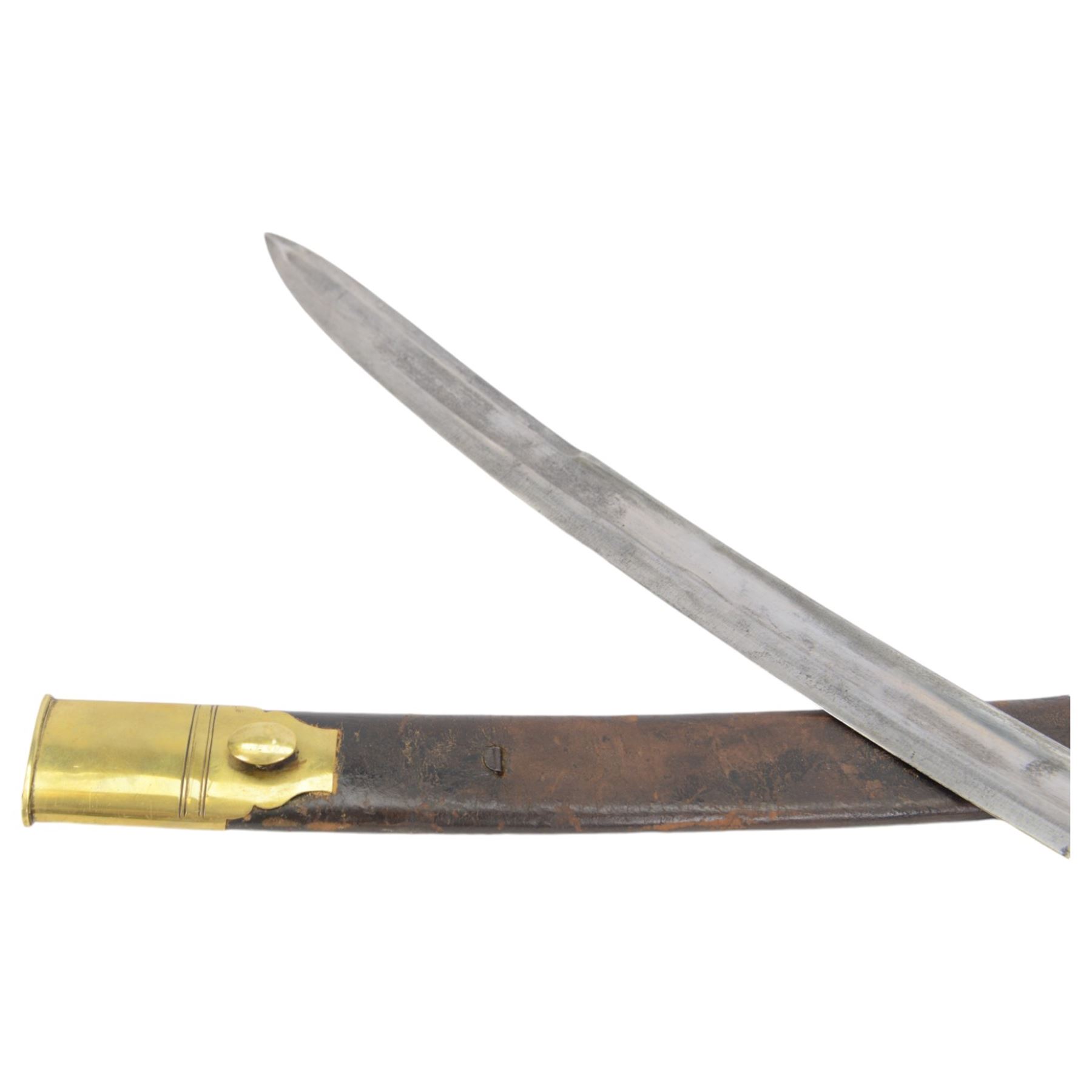 Victorian Police Constabulary Hanger, curved single edge blade, steel knucklebow and downswept quillon marked 864, stepped pommel and ribbed fishskin grip; in leather covered scabbard with steel mounts, L75cm 