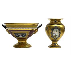 Small Coalport vase, decorated with painted landscape panels against a gilt ground, with printed mark beneath and painted number a4486, H8cm, together with a small Vienna style twin handled pedestal bowl, profusely gilded, H6.5cm