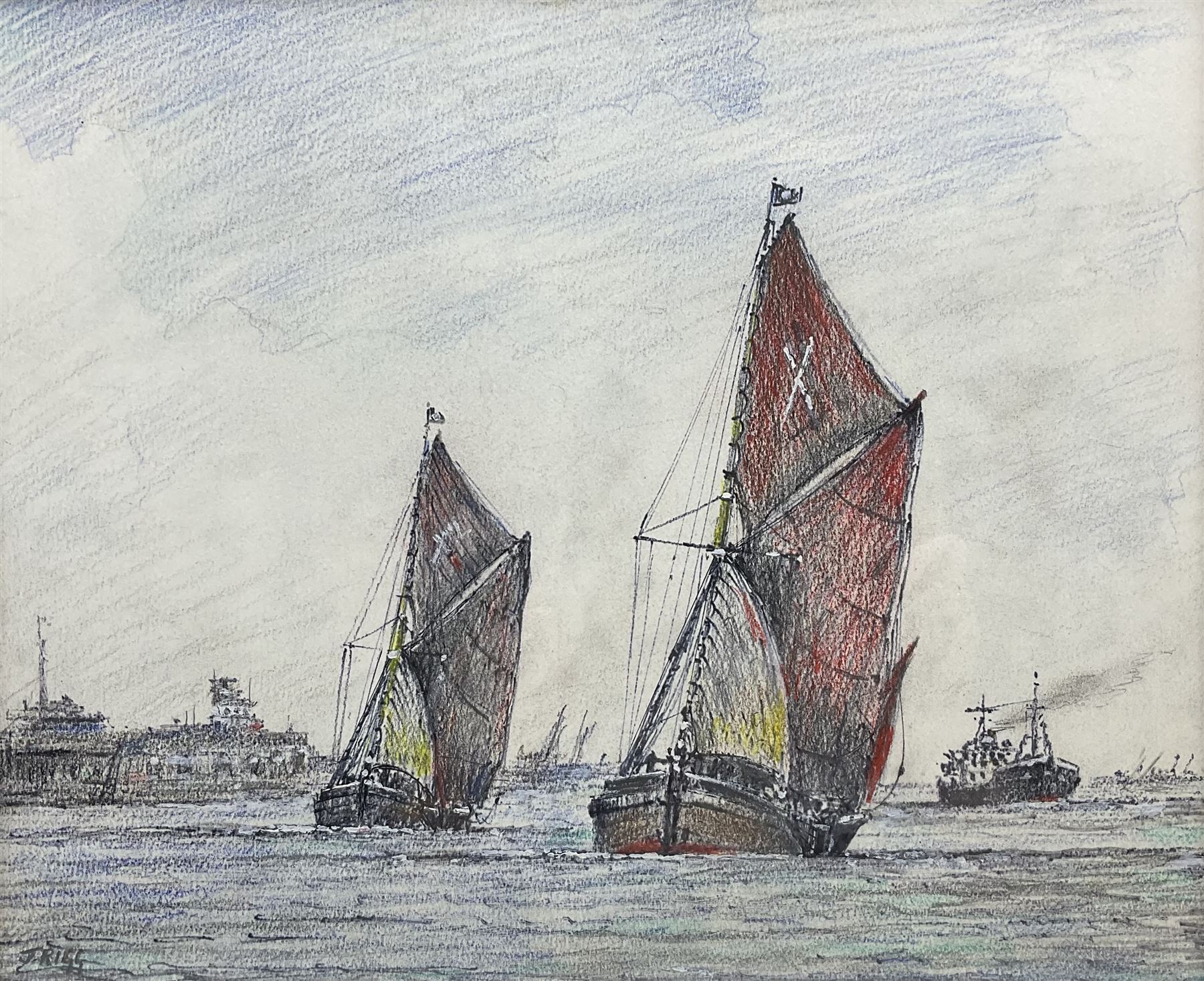 Jack Rigg (British 1927-2023): 'On the River Medway', coloured pencil and ink signed, titled and dated 1983 verso 35cm x 42cm