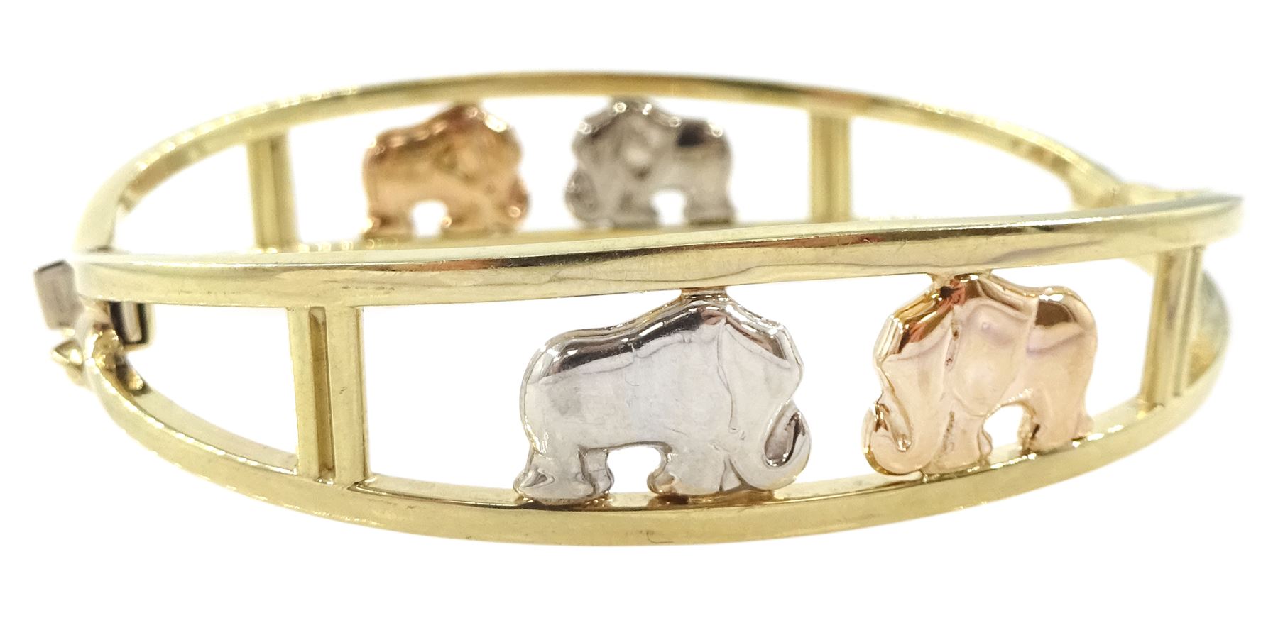 9ct gold elephant design hinged bangle, stamped 375