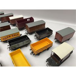 Hornby Dublo - forty-three goods wagons including nine tank wagons (Esso, Mobil, Vacuum, UD and Traffic Services), brake vans, meat and fish wagons, bogie well and bolsters, cable drums, open wagons, salt and grain wagons, etc; and six others by Tri-ang etc; all unboxed (49)