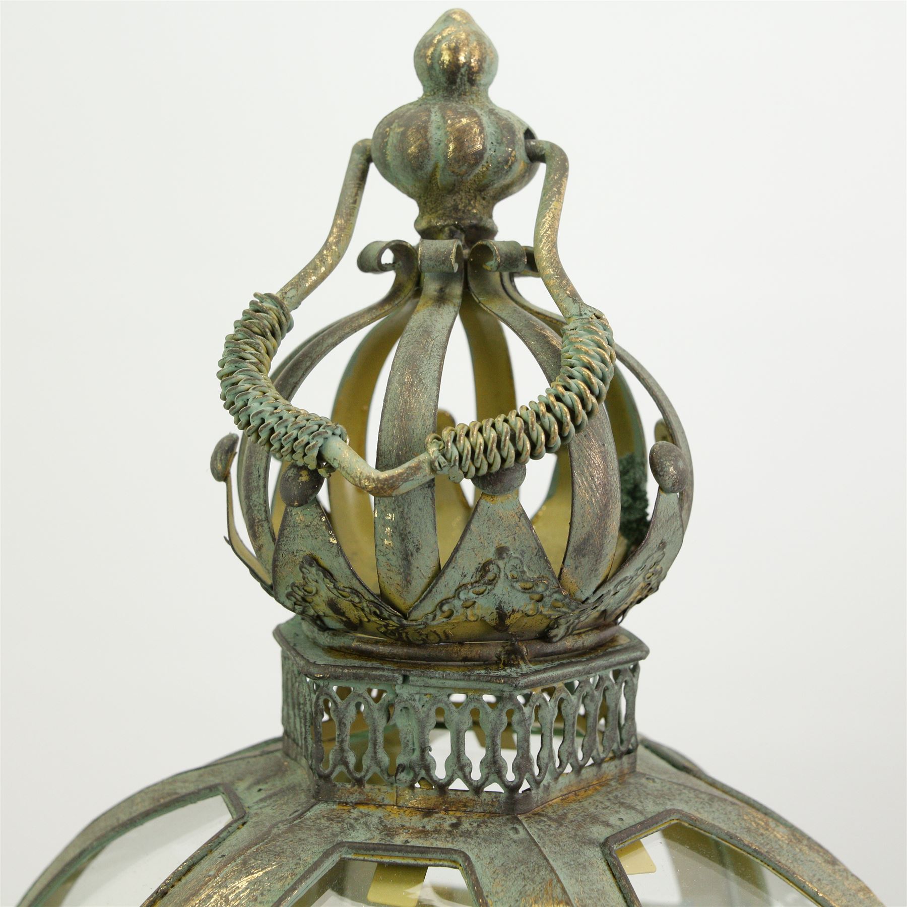 Pair of patinated brushed brass lanterns, of domed hexagonal form, with pierced gallery and swing handle, H63cm 