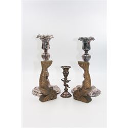 Continental silver mounted candlestick with Putto playing the violin, stamped 830, together with pair of silver plated candlesticks and a pair of brass dolphins, silver candlestick H12cm 