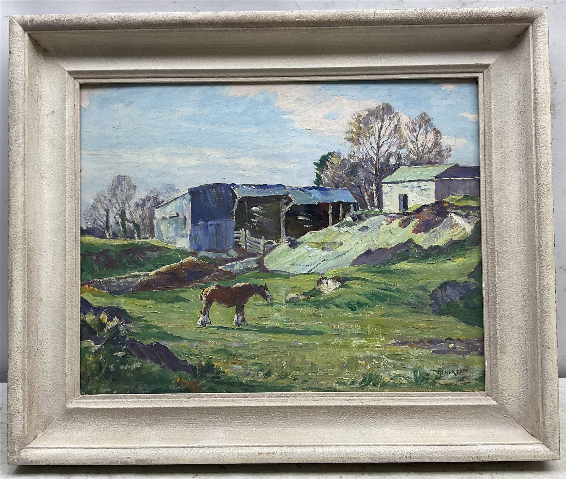 John Smith Atherton (British 1877-1943): 'Lindale' - Horses Grazing, oil on board signed, titled verso 31cm x 39cm