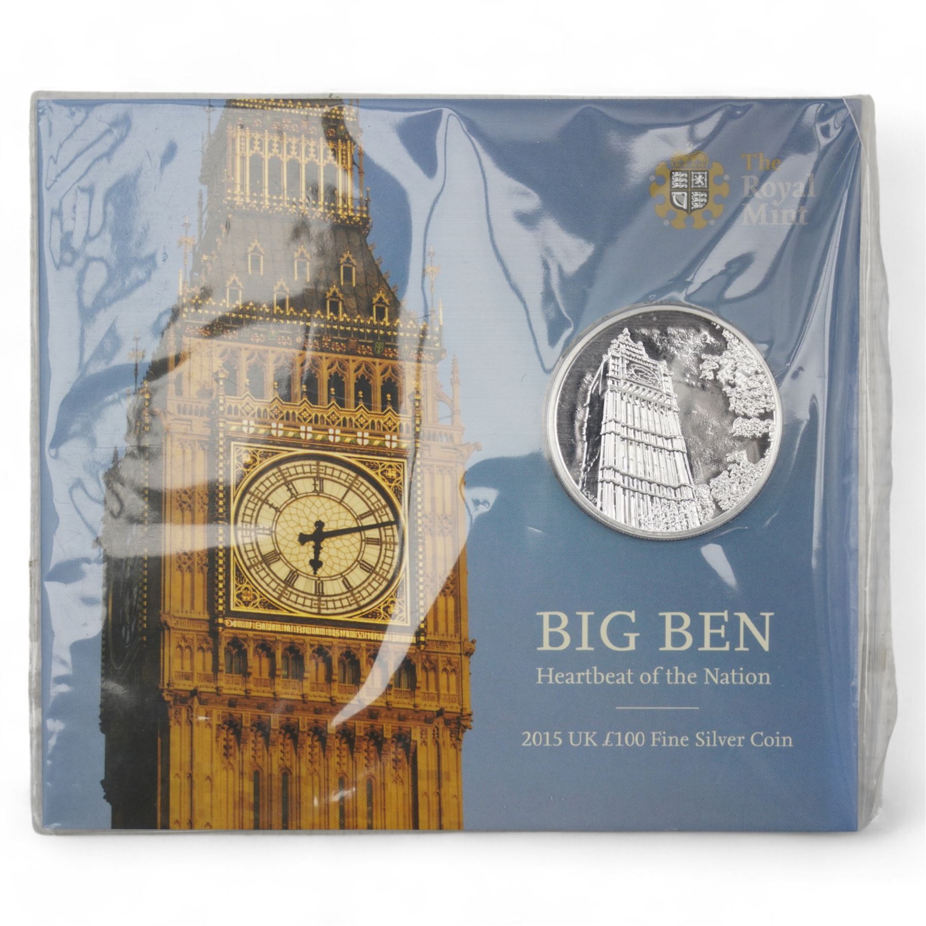 Two The Royal Mint United Kingdom fine silver one-hundred pound coins, dated 2015 'Big Ben' and 2015 'Buckingham Palace', both on cards