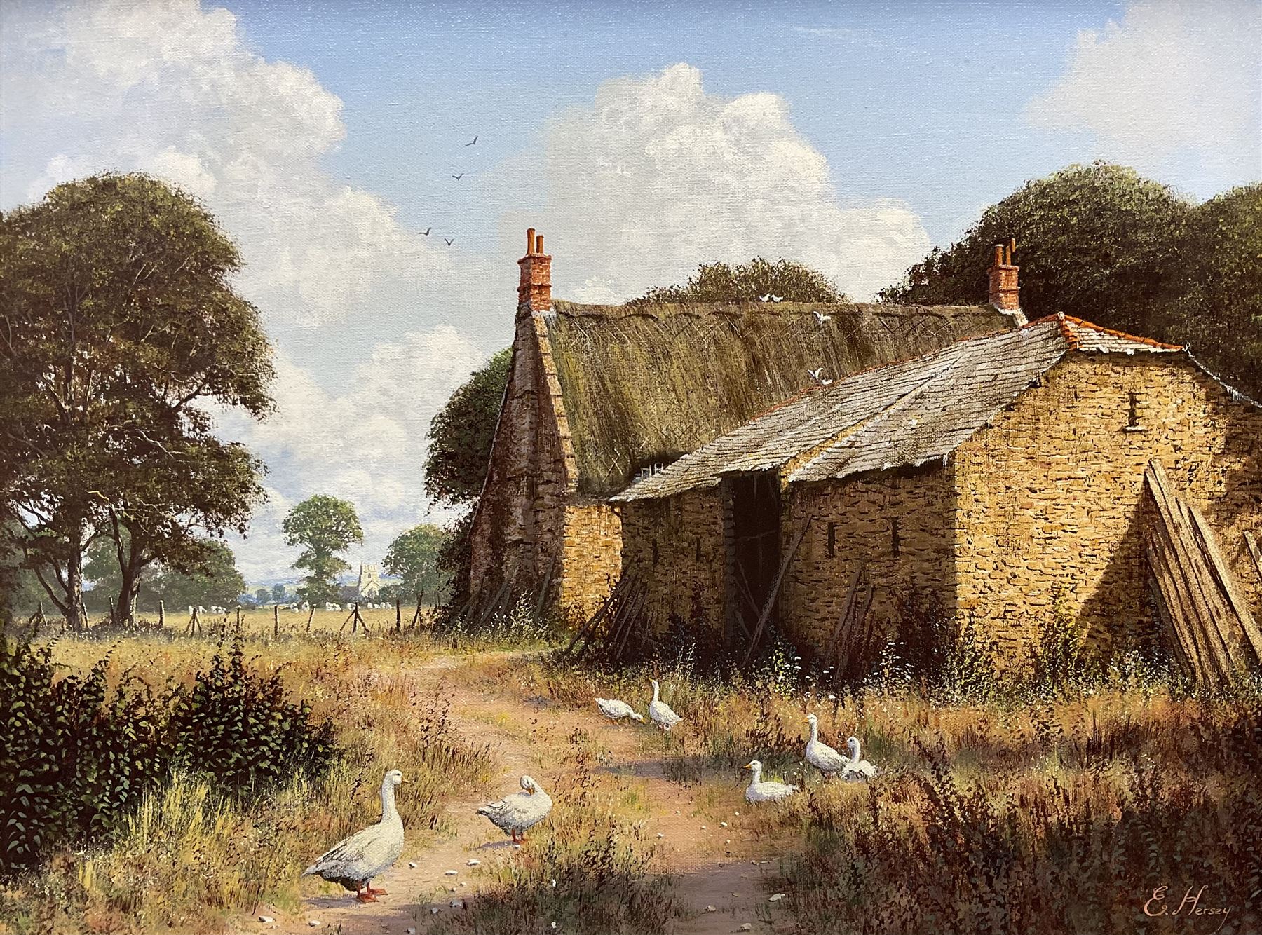 Edward Hersey (British 1948-): 'Goose Farm', oil on canvas signed, titled on gallery label verso 45cm x 60cm