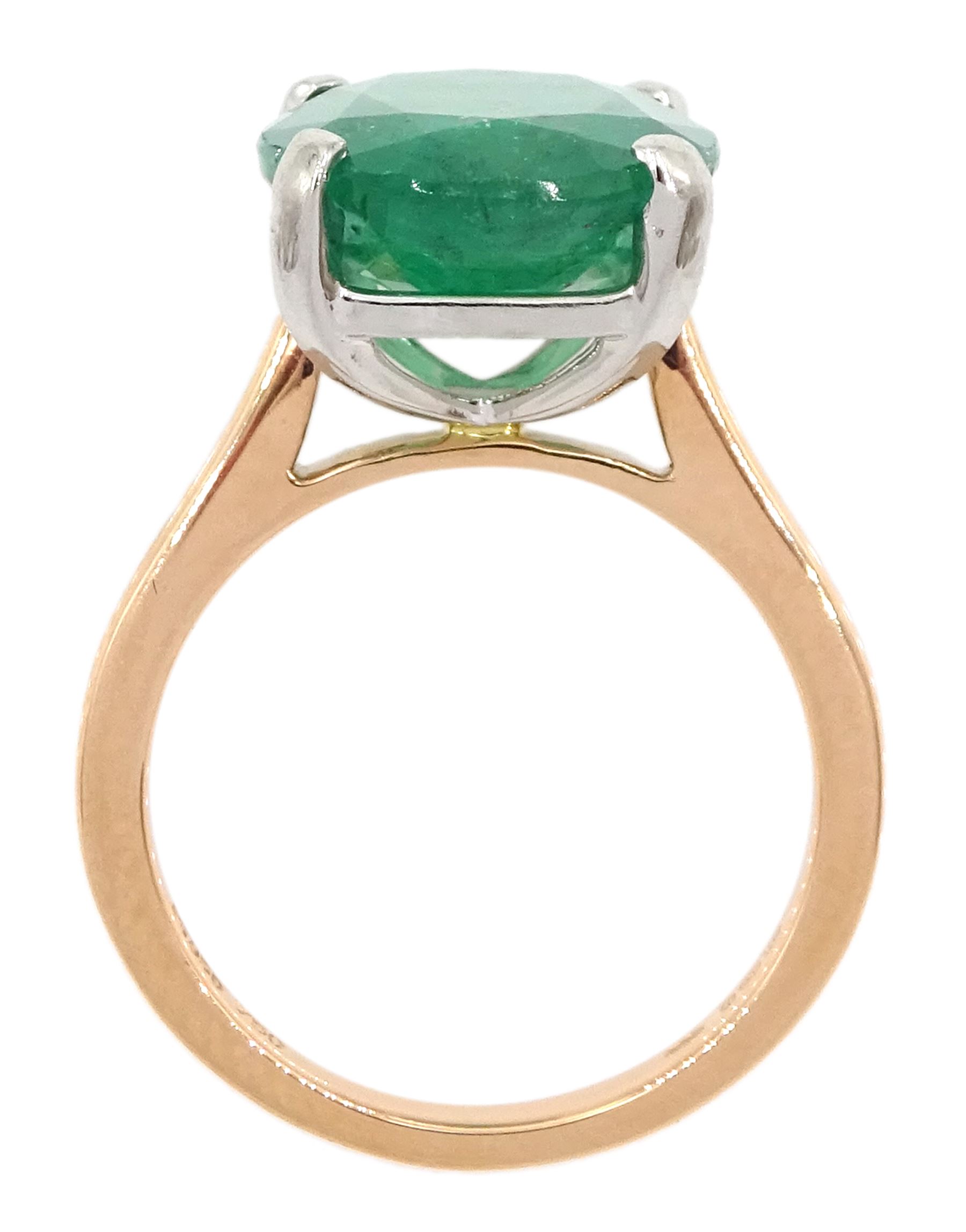 18ct rose gold and platinum single stone oval cut emerald ring, hallmarked, emerald approx 6.60 carat