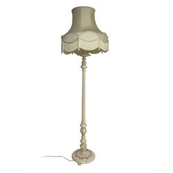 Victorian design Classical standard lamp, turned and fluted column with circular base, in cream finish, with matching fringed shade 