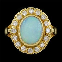 18ct gold opal and round brilliant cut diamond cluster ring, London 1989