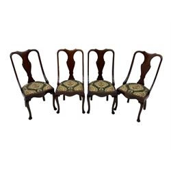 Set of eight late 19th century mahogany spoon back dining chairs, each with shaped top rail over Queen Anne design vase-shaped splat, upholstered seats in floral patterned fabric, raised on cabriole supports with scroll carved knees