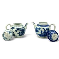 Two First Period Worcester porcelain globular form teapots, decorated in the Fisherman pattern and the other decorated with flowes and butterflies, both with flower knop handles and crescent marks beneath, H16cm (2)