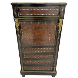 Late 19th century French ebonised and amboyna secrétaire à abattant, white marble top over frieze drawer, fall front and four further drawers, inlaid with trailing pattern in mother of pearl, mounted by cast gilt metal brackets with floral festoons, plinth base with foliate mounted edging and brass stringing, on turned feet 