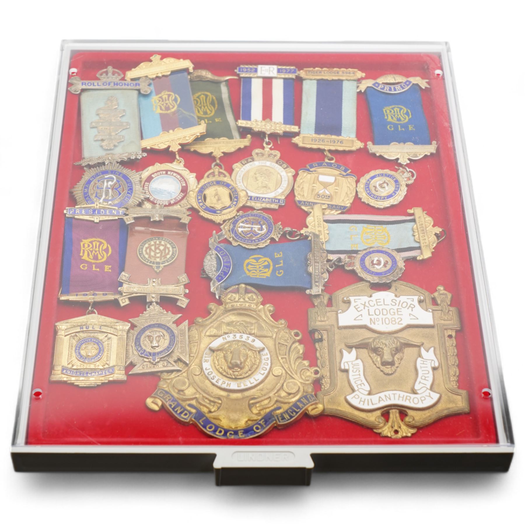 Masonic and and similar jewels and regalia, including 'Lord Bolton Mark Lodge No 785 1923 Founder' hallmarked silver jewel, 'Humber Chapter No 57 1827-1927' hallmarked silver jewel, Royal Antediluvian Order of Buffaloes hallmarked silver jewel, various other silver and base metal jewels etc, housed in two Lindner trays and two cased examples