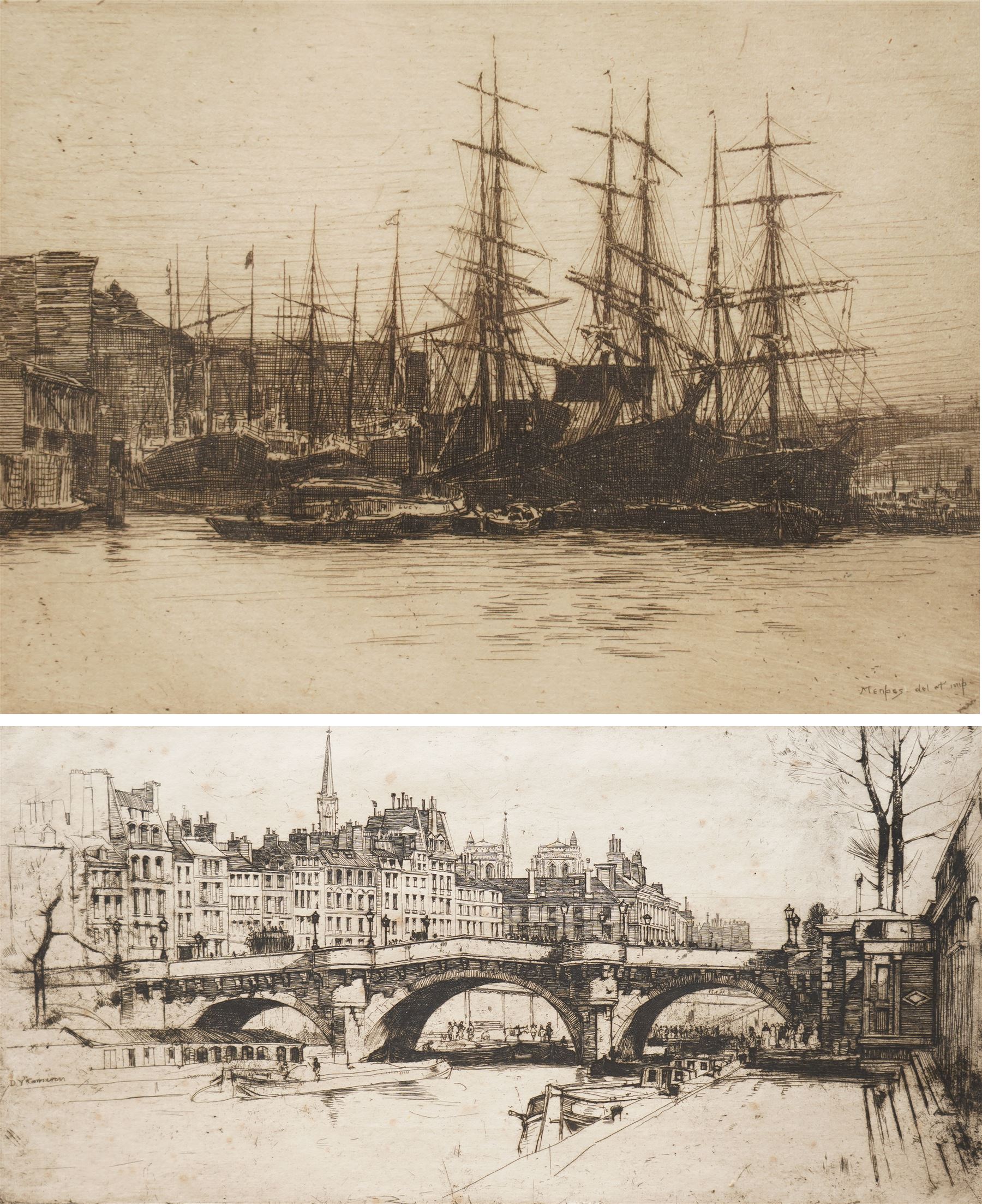 Sir David Young Cameron (Scottish 1865-1945): Pont Neuf Bridge, etching signed in pencil; Mortimer Luddington Menpes (British 1855-1938): View of South Bank near London Bridge, etching signed in pencil max 17cm x 32cm (2)