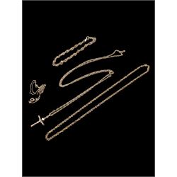 Three 9ct gold chains, including one with crucifix pendant and a 9ct gold bracelet 