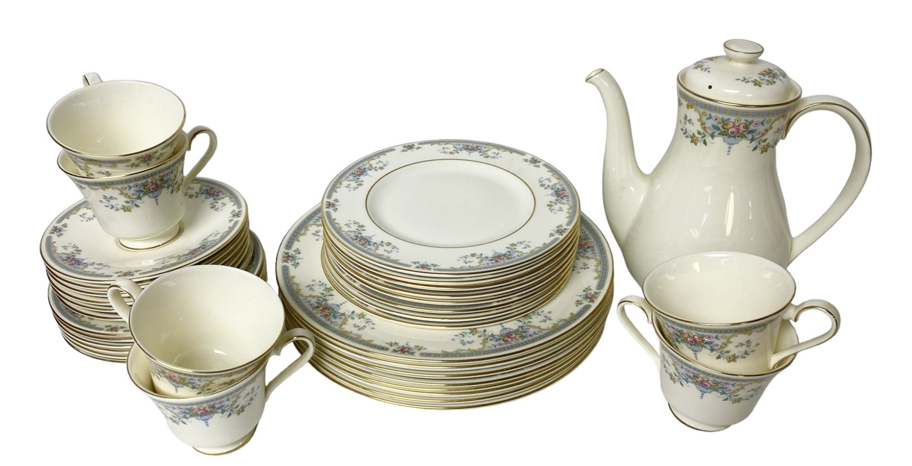 Royal Doulton The Romance Collection, Juliet pattern tea and dinner wares, comprising coffee pot, dinner plates, side plates, dessert plates, teacups and saucers