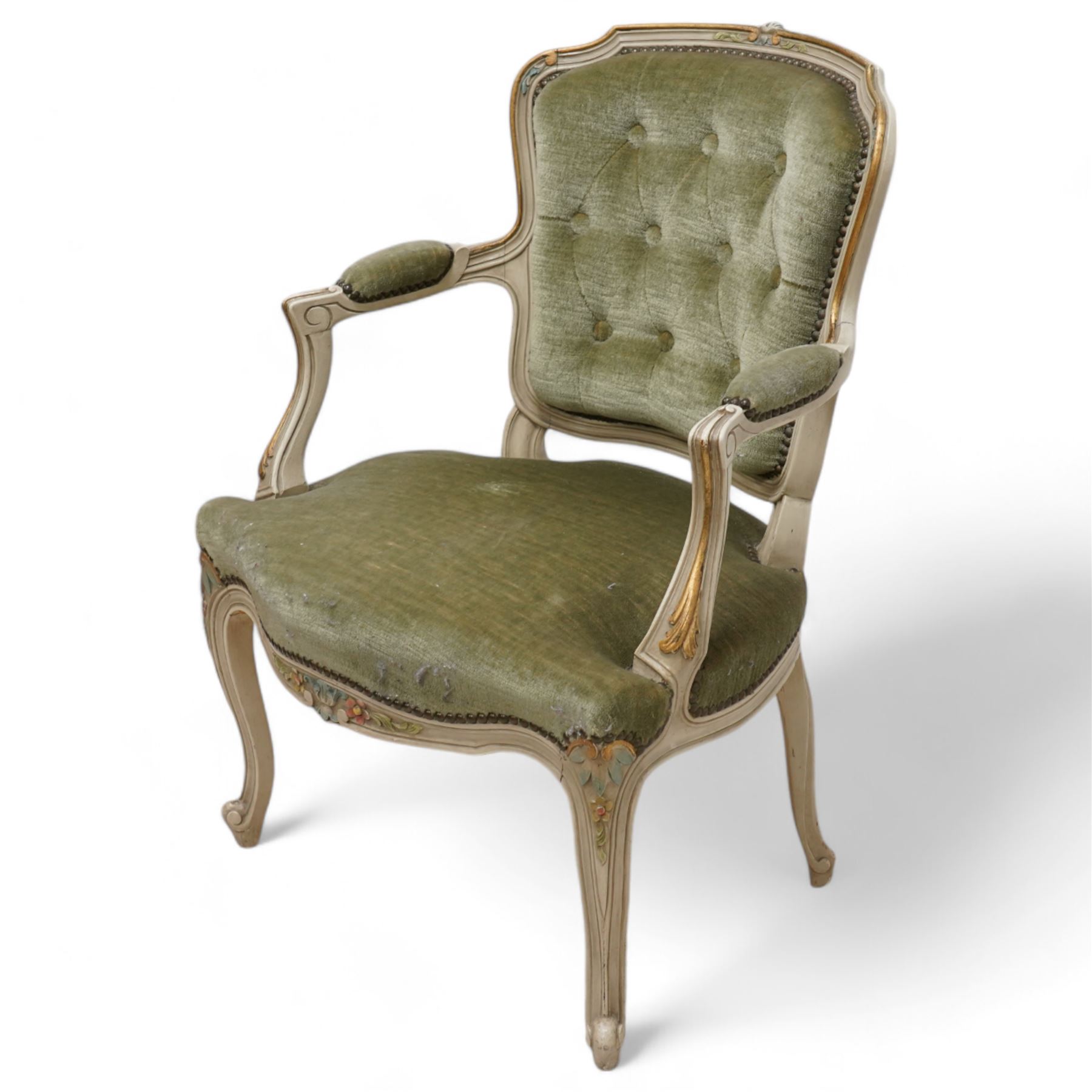 Louis XV design open armchair, white painted and parcel-gilt frame decorated with with painted floral patterns, upholstered in buttoned olive green fabric