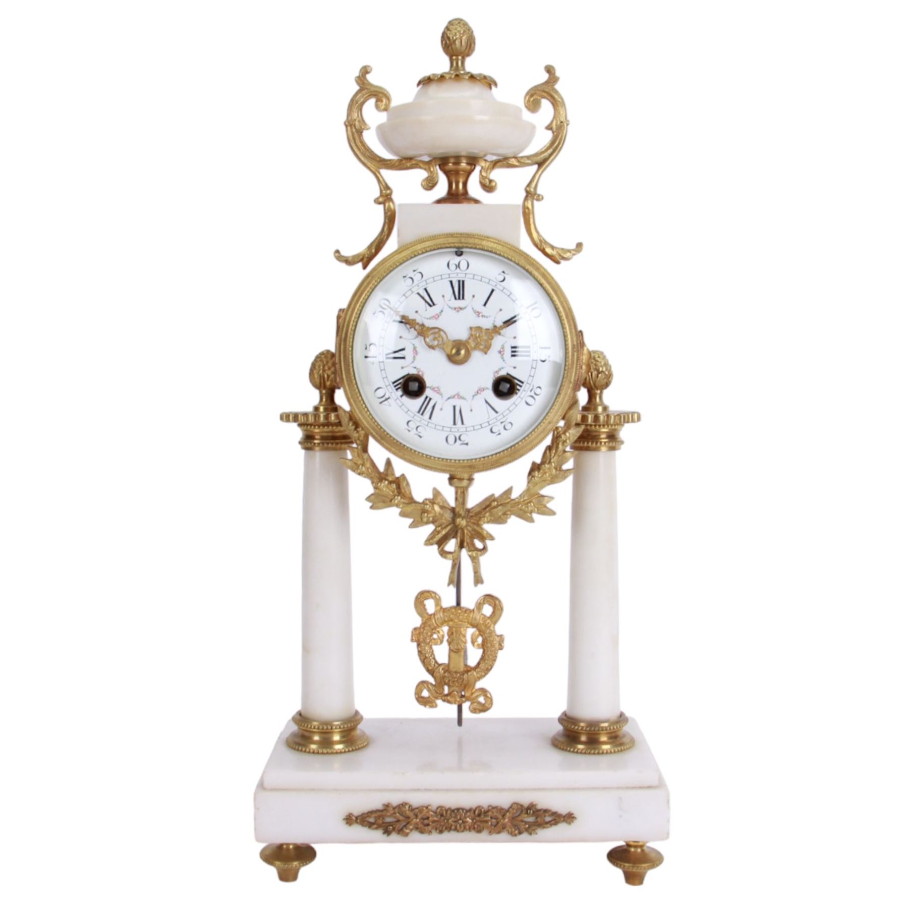 French - Louis XV style white marble and gilt mounted 8-day portico clock garniture c1905, drum movement surmounted by an oval shaped urn, supported on a pair of tapered column supports and raised on a rectangular plinth base, white enamel dial with floral garlands and Arabic numerals, Louis XV style gilt hands within a glazed bezel, twin train countwheel striking movement, striking the hours and half hours on a bell, with a pair of conforming three light candelabra, decorative matching pendulum and key.