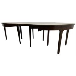 George III mahogany extending dining table, two D-ends with two leaves, on square tapering supports