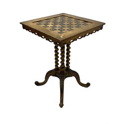 Late 19th century walnut games table, the square top with sunken inlaid chessboard decorated with inlaid floral bouquets, shaped and pierced frieze rails, on quadruple spiral turned pillars, concaved square platform inlaid with flowers, on acanthus leaf carved splayed supports with scrolled terminals 